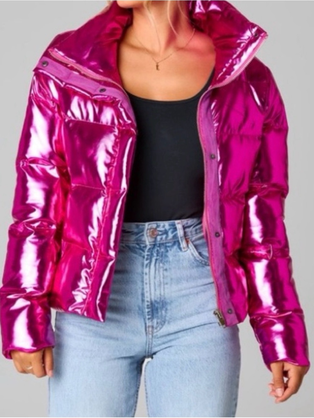 Buddy Love Metallic Fuchsia Puffer Jacket